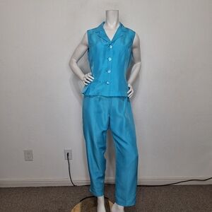 Vintage David Warren Blue Silk Retro Coastal Grandma 70's Top & Pant Set Sz. 12P